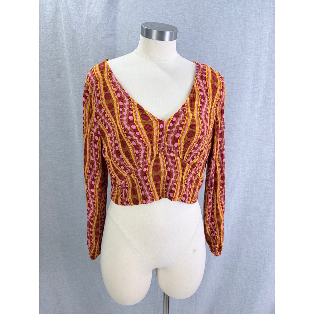 Lucy & Yak Pink and Mustard Patterned Long Sleeve Crop Top